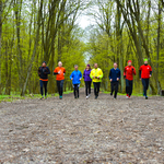 Kobieta i 8 mężczyzn biegnie ścieżką w lesie
