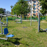 Urządzenia do ćwiczeń na świeżym powietrzu, trawa. W oddali plac zabaw, drzewa, blok. Bezchmurne niebo.